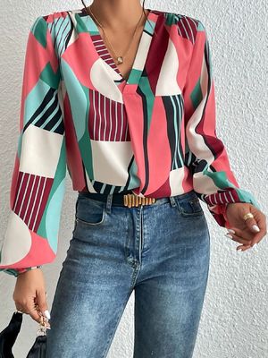 Geometryczny wydruk Dekal T-shirt Dacron Długie rękawy Top dla kobiet