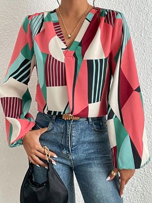 Geometryczny wydruk Dekal T-shirt Dacron Długie rękawy Top dla kobiet