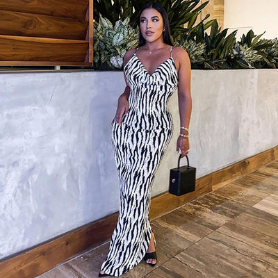 Seksowna drukówka Stylna damska sukienka Zebra Stripe V Neck Halter
