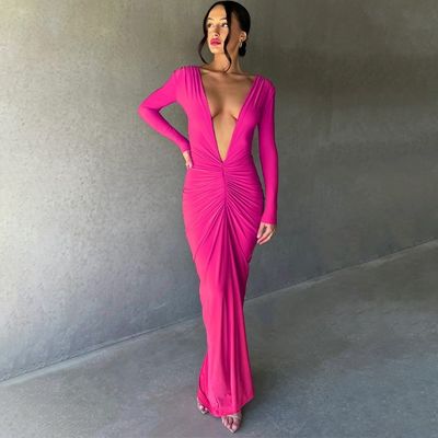 Różowa czerwona stylowa suknia damska Slim Sexy Big V Neck suknia bez pleców plecy Kolor stały