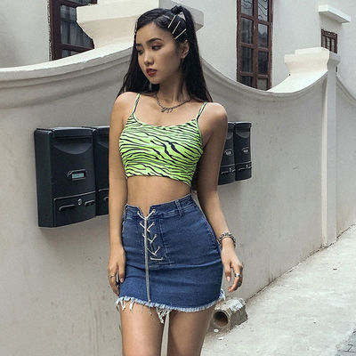 Modne damskie kamizolki kamizolki fluorescencyjna zielona zebra wydrukowana kamizolka Slim Fit Sexy Crop