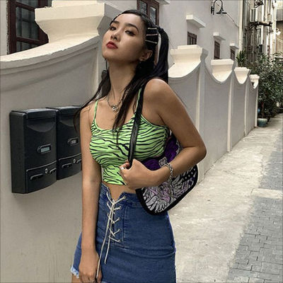 Modne damskie kamizolki kamizolki fluorescencyjna zielona zebra wydrukowana kamizolka Slim Fit Sexy Crop