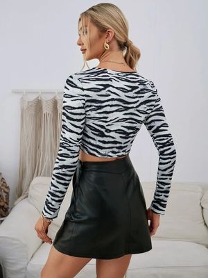 Wszystkie pasujące dekal T-shirt V szyja sznurek krótkie kobiety Zebra wydrukowane długie rękawy koszulki