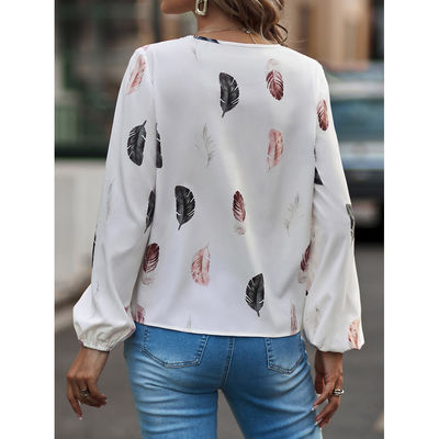 Damski V-Neck Feather Print T-Shirt Casual Loose Fit Long Sleeve Top