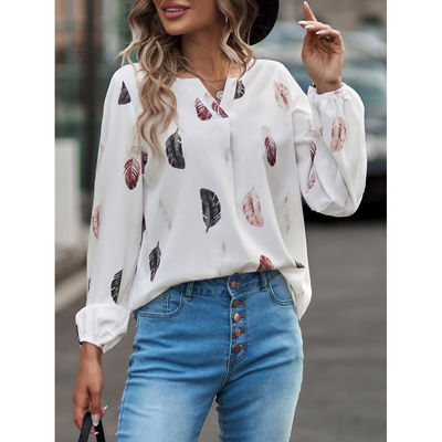 Damski V-Neck Feather Print T-Shirt Casual Loose Fit Long Sleeve Top