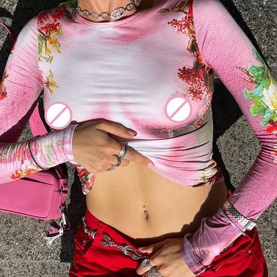 Casual Dams Długie rękawy T-shirty Przyprawa Spice Print Slim Fit Crew Neck Długie rękawy Top