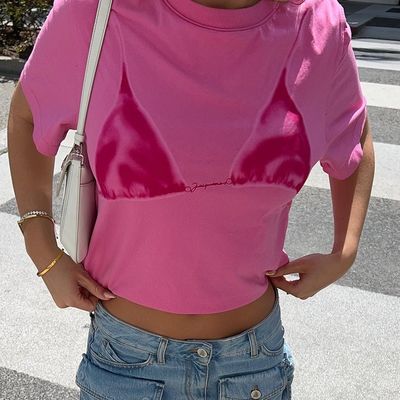 Komfortowa stylowa koszulka z dekalkiem, sexy, okrągła szyja, koszulka z krótkim rękawem.