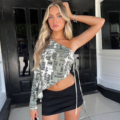 Kobiety Decal T-Shirt Moda Seksowy obroża diagonalny jedno ramię Crop Tops Side Lacing Seksowy Crop Print Top