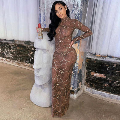 Wysoka talię Slim Body Formal Dress Fashion Gauze See Through Evening Dress Slim Fit
