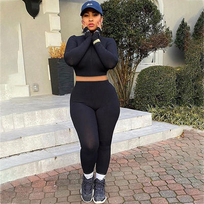 Zipper Two Piece Sport Set High Neck Slit Brodery Letter Sexy Gym Wear