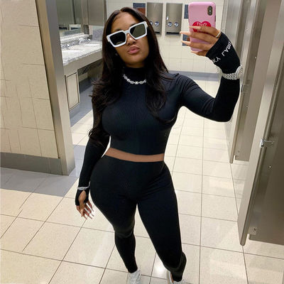 Zipper Two Piece Sport Set High Neck Slit Brodery Letter Sexy Gym Wear