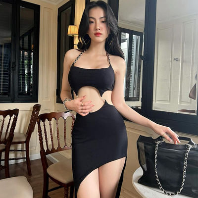 Slit Halter Neck Robe Stylistyczna Seksowna Bez pleców Wycięta Halter Robe Slim
