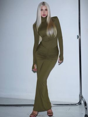 Niestandardowa Slim Solid Color Hip Wrap suknia Wysoka szyja Długie rękawy