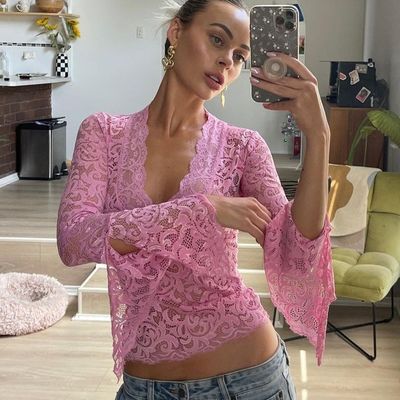 Nowy sexy, głęboki V, szczupły, wszystko w porządku. Krótki kolor, długie rękawy.