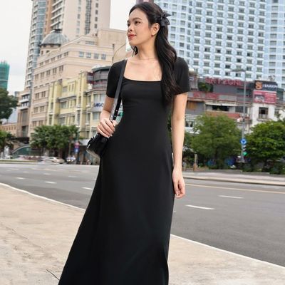 Zdjęcie z ulicy mody Slim Solid Color U - szyja Krótka rękawiczka suknia