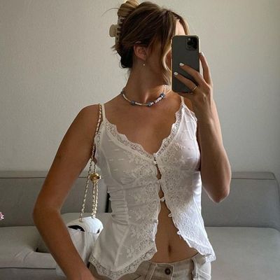 Amerykański styl kobiecy Spice Girl koronka koronka sexy kardygan z szyją w kształcie V, klamra, mała kamizelka