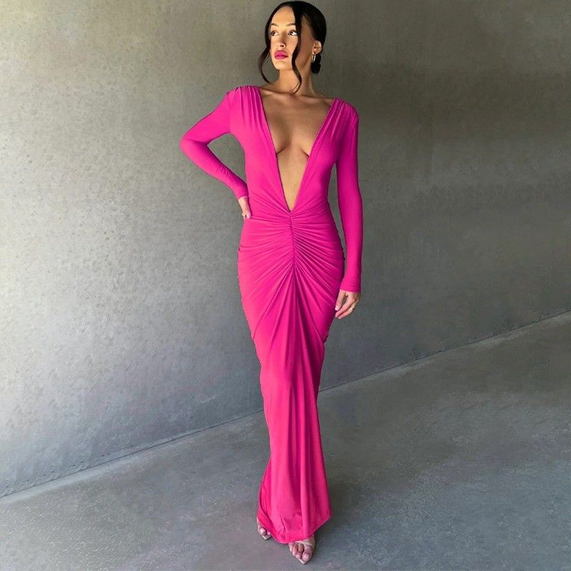 Różowa czerwona stylowa suknia damska Slim Sexy Big V Neck suknia bez pleców plecy Kolor stały