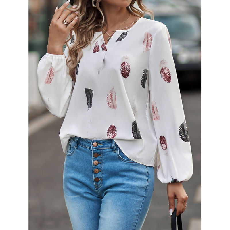 Damski V-Neck Feather Print T-Shirt Casual Loose Fit Long Sleeve Top