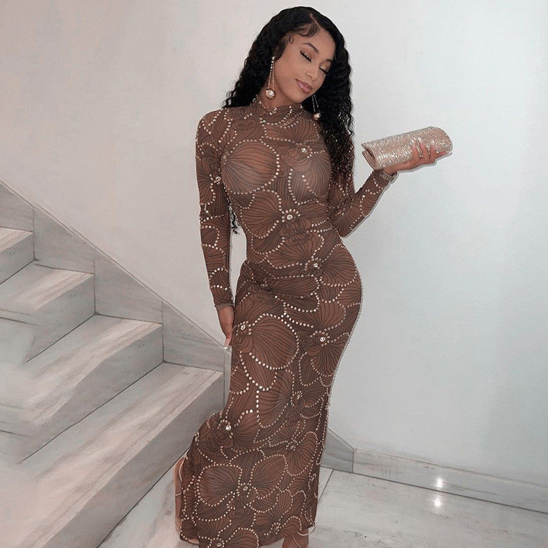 Wysoka talię Slim Body Formal Dress Fashion Gauze See Through Evening Dress Slim Fit