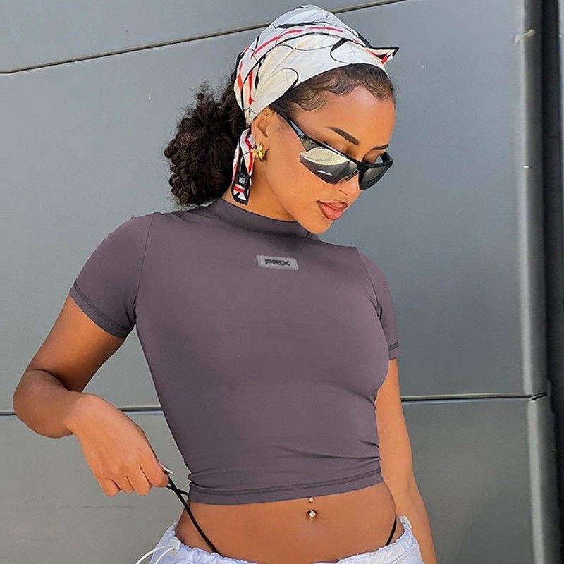 Modne Casual Seksowna Ścisła Koszulka Krótka Slim Fit Okrągła szyja Crop Top